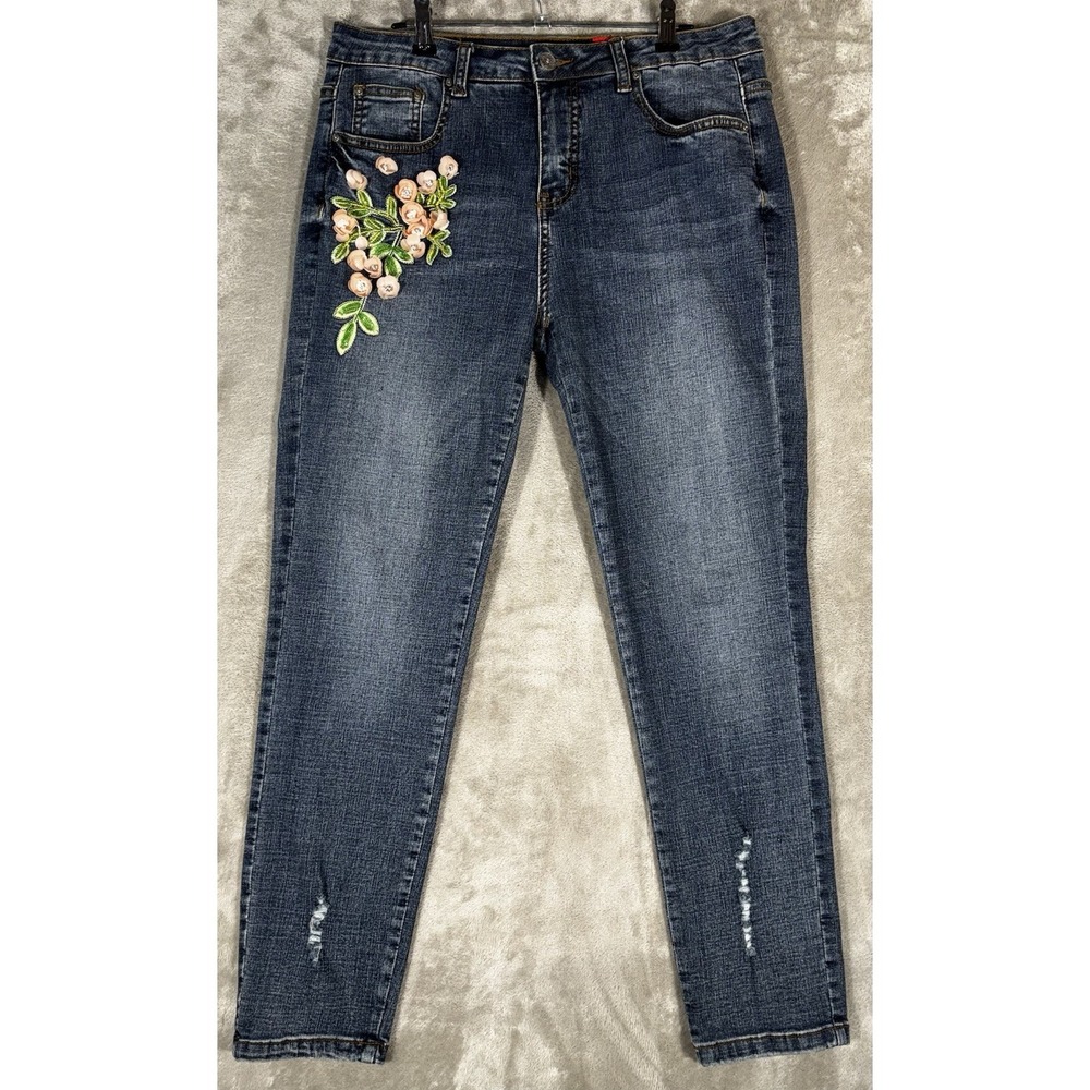 V Cristina Jeans Women's Size 10 Floral flowers whiskers Embellished Denim 32x28